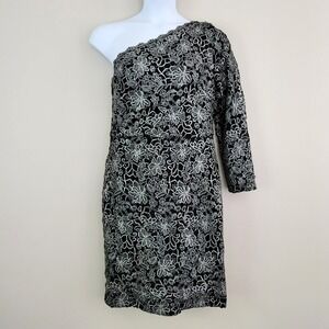 LAUREN RALPH LAUREN Size 12 One Shoulder Black with Silver Floral Lace Dress NWT